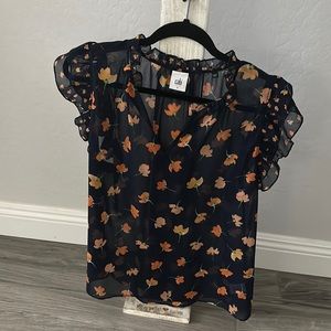Cabi California Poppy Navy Floral Top - lightweight/sheer Ruffle Shoulders